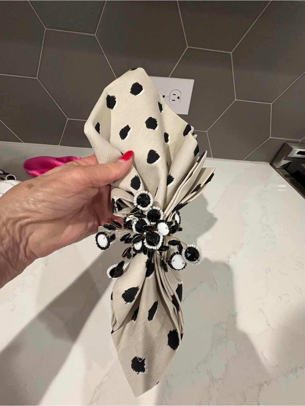 Pier One Set of 8 Black & White Embellished Beaded Napkin Rings
